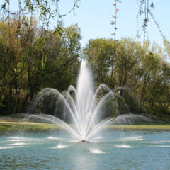 5 HP Kasco J-Series fountain with Mahogany nozzle creating an arched water spray display.