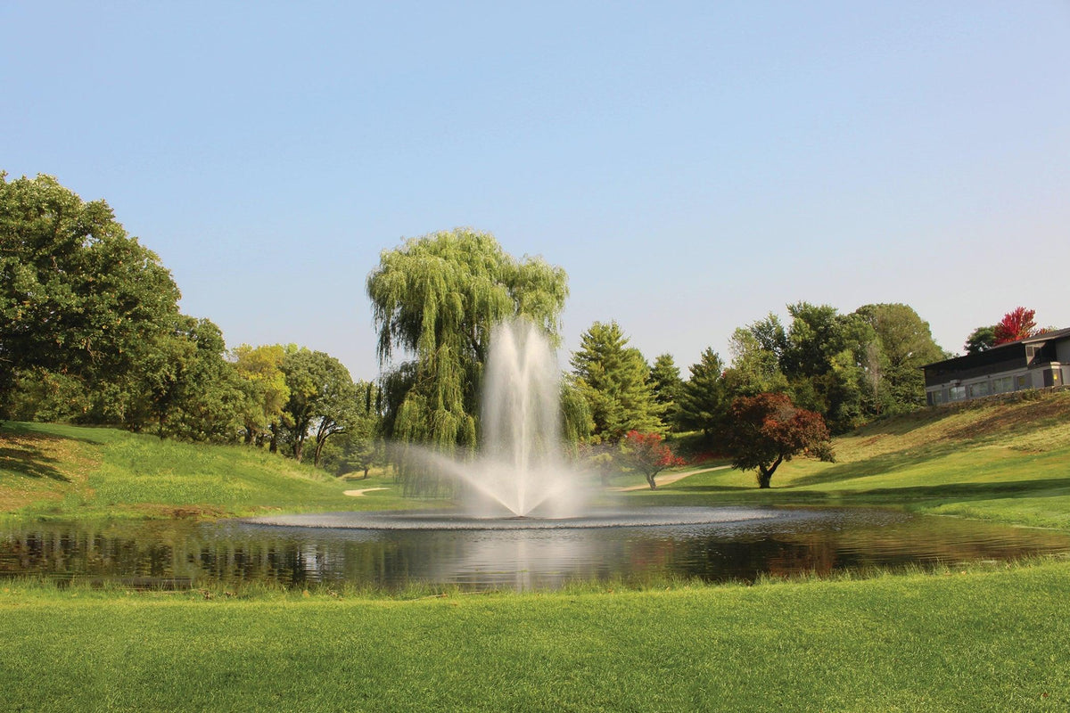Kasco J-Series decorative fountain creating a water spray display in a landscaped pond.