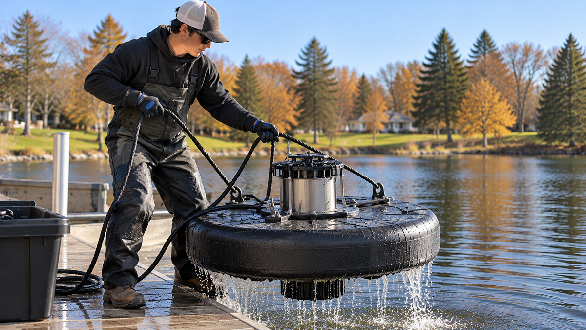 Young pond maintenance technician removing a floating fountain from a Minnesota pond for seasonal winterization and storage.